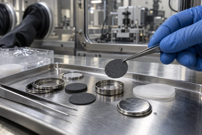Battery materials research illustration showing coin-cell casings, electrode discs, separator membranes and precision tweezers.
