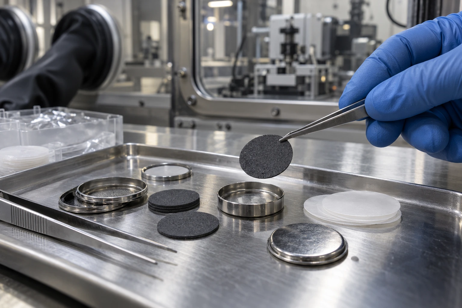 Battery materials research illustration showing coin-cell casings, electrode discs, separator membranes and precision tweezers.
