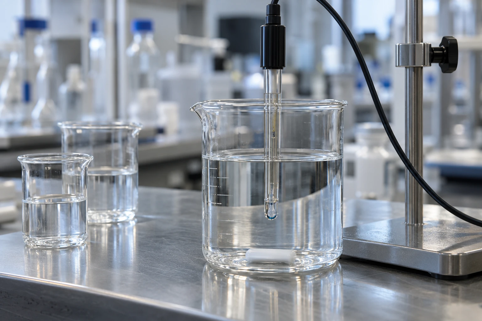 A glass pH electrode immersed in clear liquid on a laboratory bench.