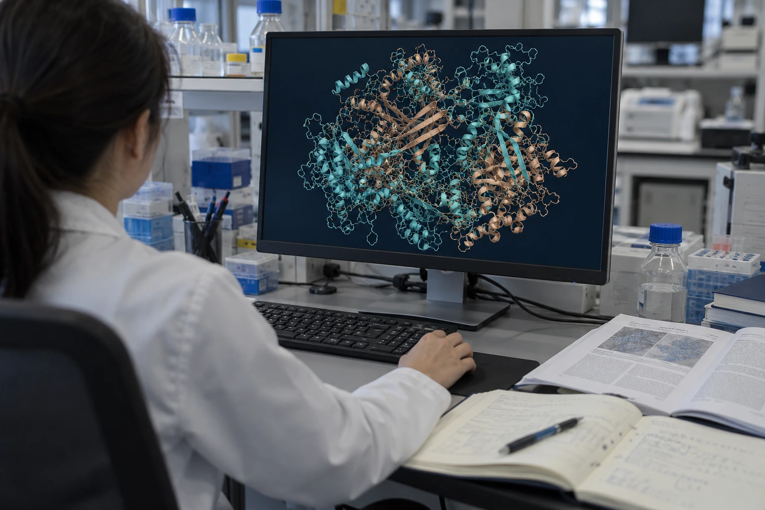 A researcher at a laboratory workstation displaying a complex protein-style molecular visualization.