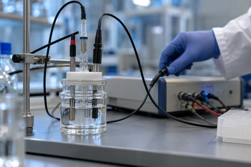 Generic electrochemistry laboratory cell with electrodes and instrument leads.