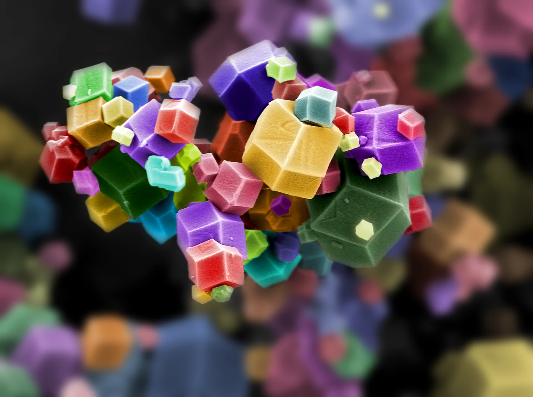 Scanning electron micrograph of dodecahedral manganese-based metal–organic framework crystals.