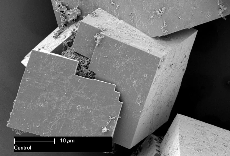 Electron microscope image showing a seed within a metal–organic framework crystal.
