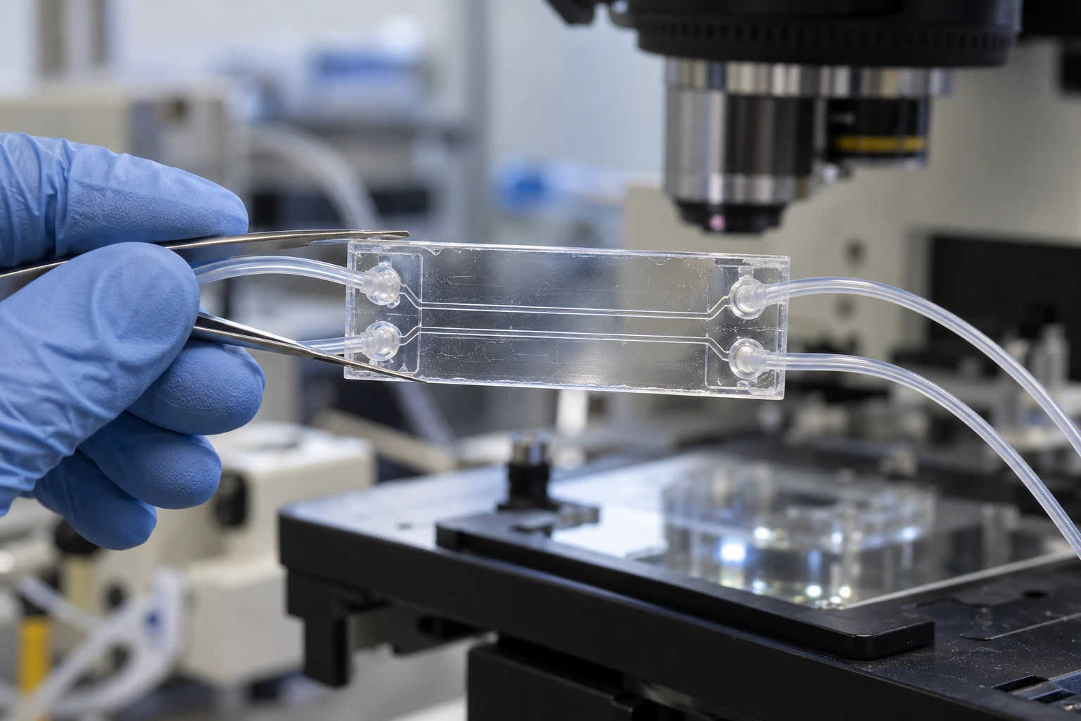 Generic microfluidic laboratory setup with a transparent device, fine tubing and a microscope.