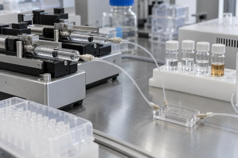 A generic formulation research setup with syringe pumps, fine tubing, a mixing chip and sample vials.