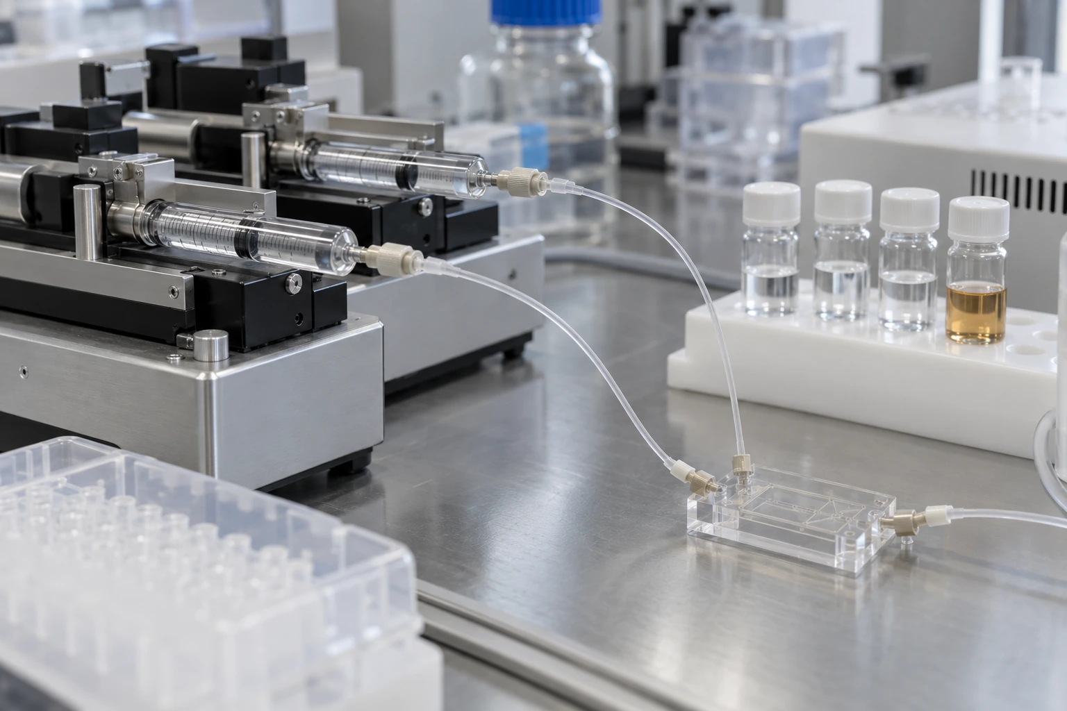 A generic formulation research setup with syringe pumps, fine tubing, a mixing chip and sample vials.
